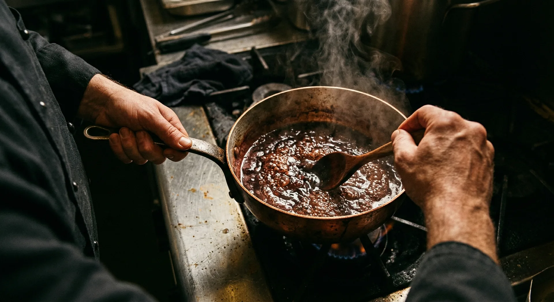 Chef's hands working over a copper pan