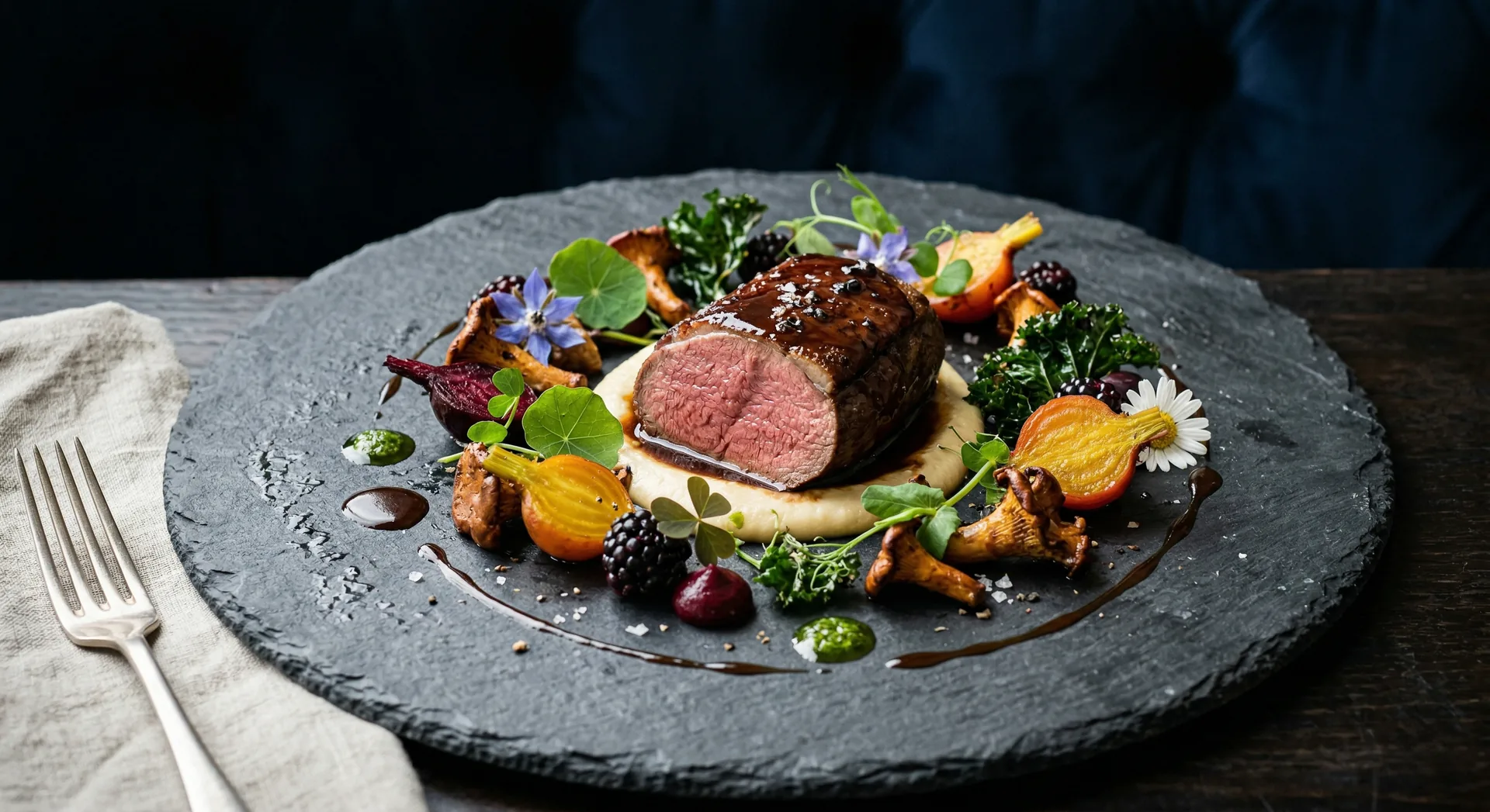 Fine dining plated beef on a slate surface